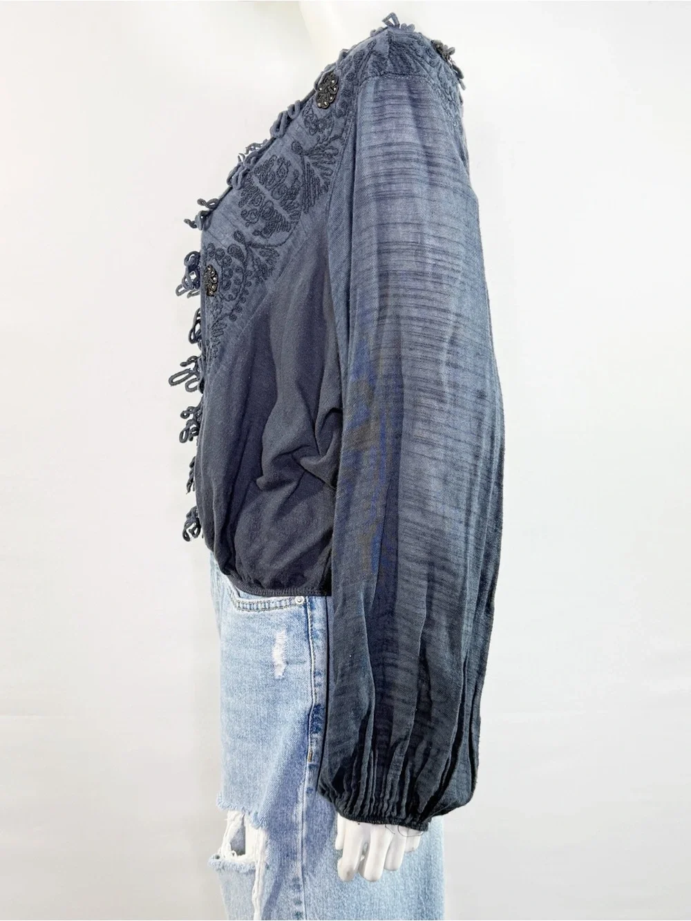 Free People Navy Blue Embroidered Fringe Blouse Boho Peasant Top Size XS V-Neck